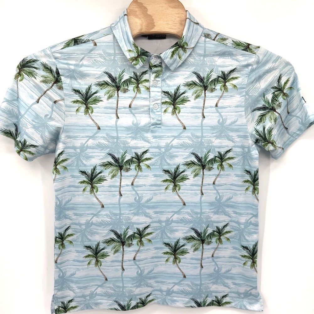 Yatta Golf‎ Polo Men S Blue Palm Tree Tropical Short Sleeve Performance Shirt